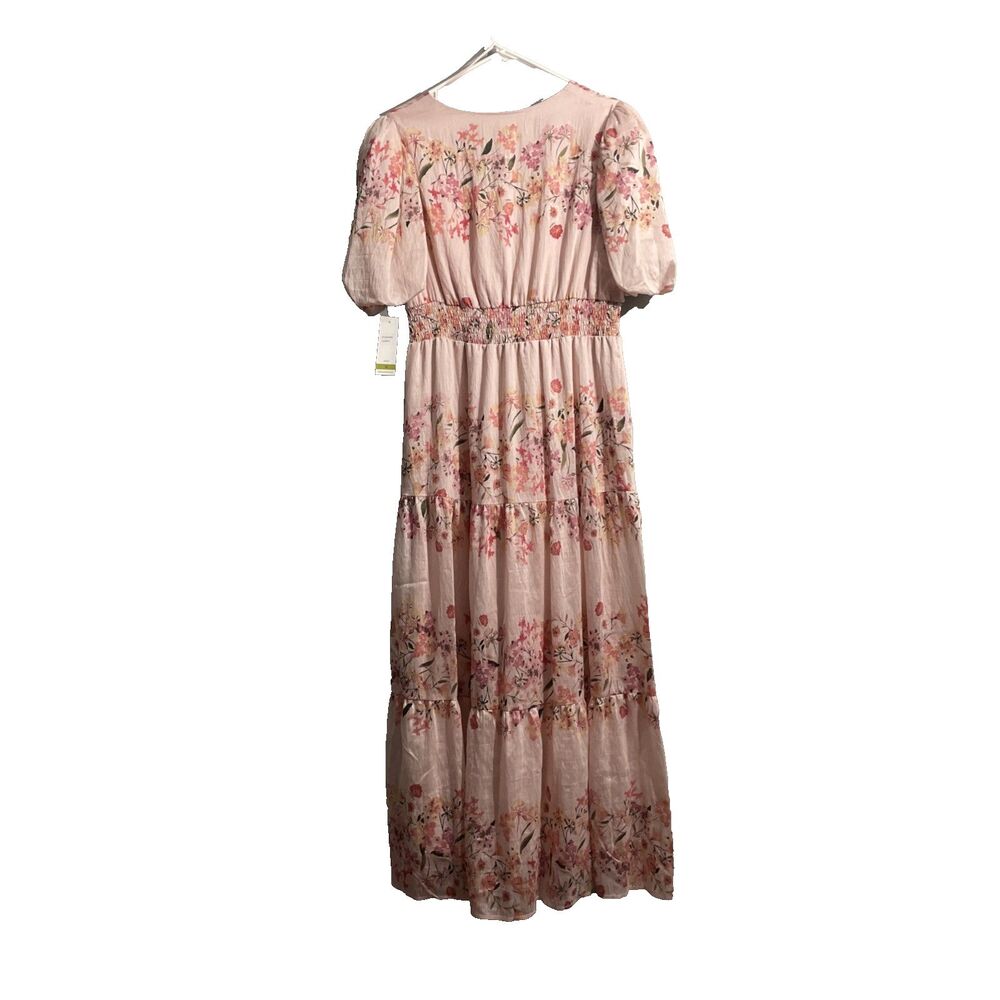 Taylor Pink Floral Puff Sleeve Dress Womens Size 14 V Neck Pockets Lined NWT - Picture 3 of 15